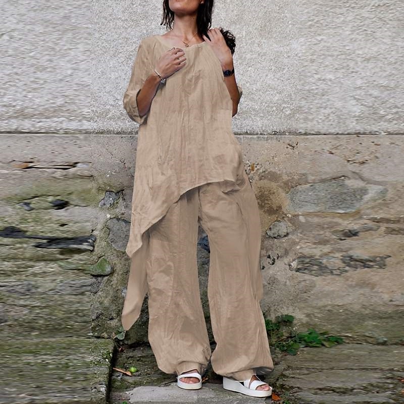 Damen Streetwear Betrübt Hemd Baumwoll-Leinen-Sets Zweiteilige Sets Leinenhosen Hosen Hose Halbarm Rundhalsausschnitt Einfarbig Kordelzug Alltagskleidung Date Armeegrün Marineblau Khaki Sommer 2025 - $29.99 –P2