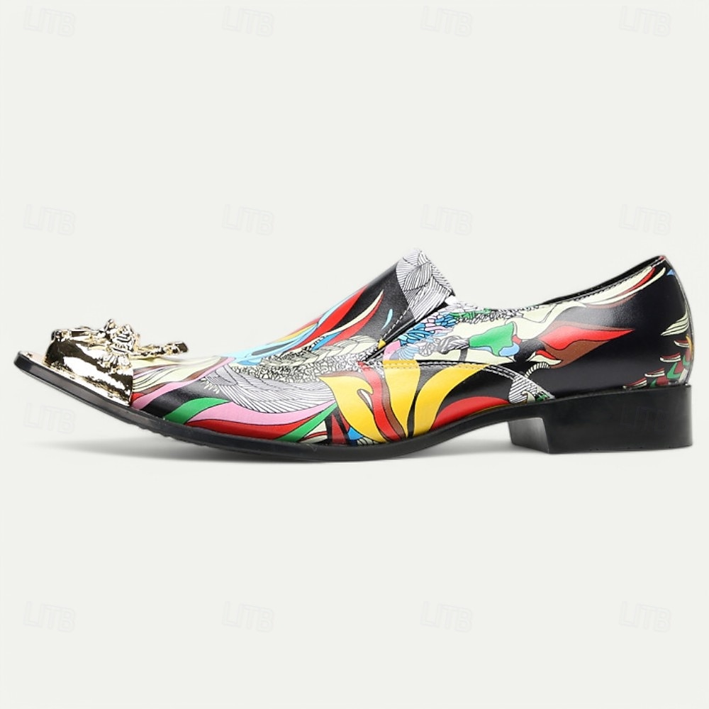 Herre Premium Kuskin Løpere med Gullspiss Livlig Kunstnerisk Print og Metallisk Gull Løvehode Detalj–Moderne Slip-On Sko Spesielle Anledninger og Uttrykksmotet 2025 - $129.99 –P4