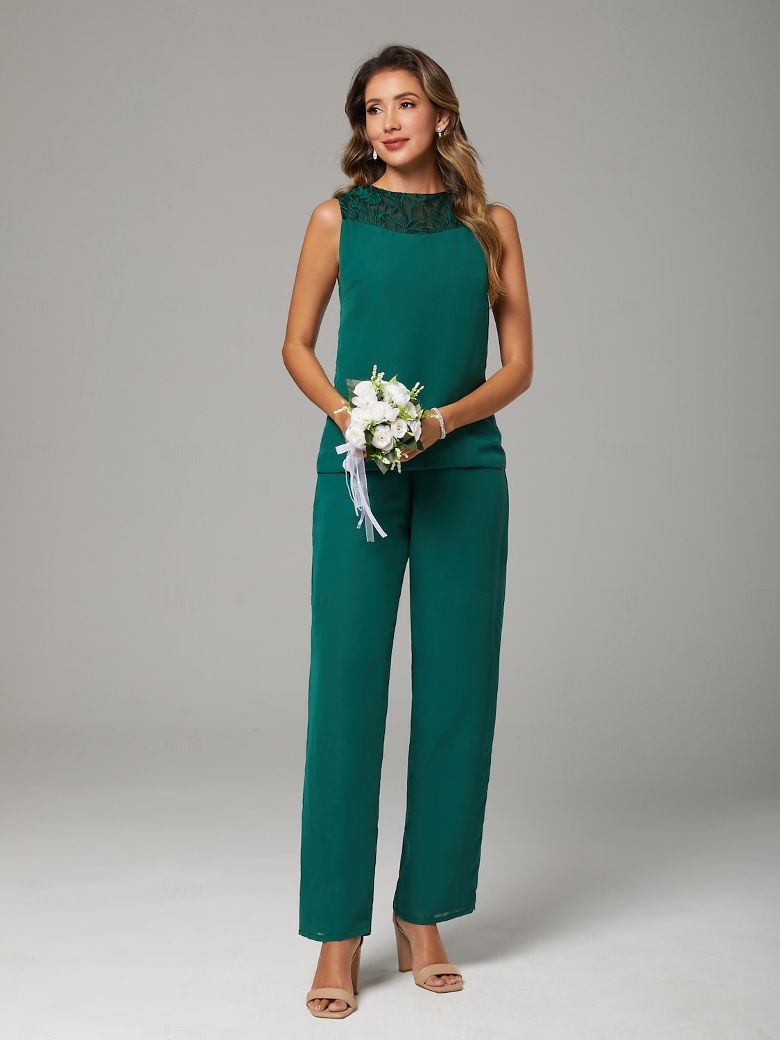 Jumpsuit / Pantsuit Mother of the Bride  Wrap Included Jewel Neck Floor Length Chiffon Lace 3/4 Length Sleeve with Beading 2025 - $176.99 –P5