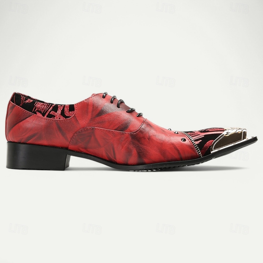 Zapatos de vestir de cuero rojo de primera calidad para hombre con estampado artístico y detalle de tachuelas: calzado formal elegante para ocasiones especiales 2025 - $109.99 -P4