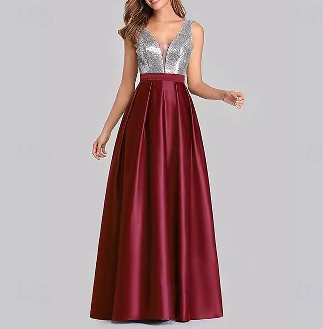 A-Line Evening Gown Party Dress Evening Party Black Tie Gala Floor Length Sleeveless V Neck Belt / Sash Cotton Backless V Back with Glitter Sequin 2025 2025 - $196.99 –P1