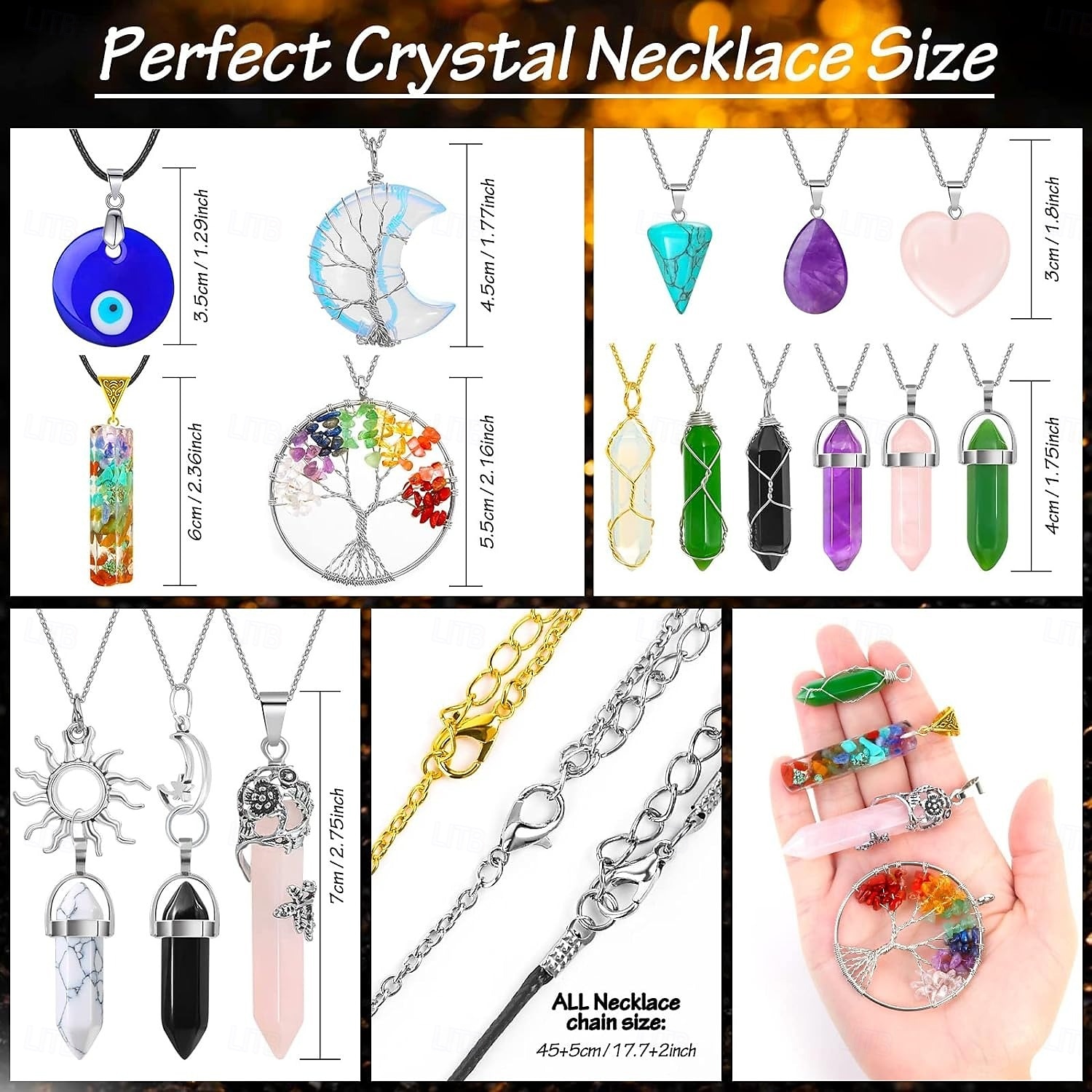 Colar com pingente de cristal de 16 peças, coluna hexagonal de ametista, fio trançado de mau olhado, colar com pingente de árvore da vida de 2025 por $33.99 –P6