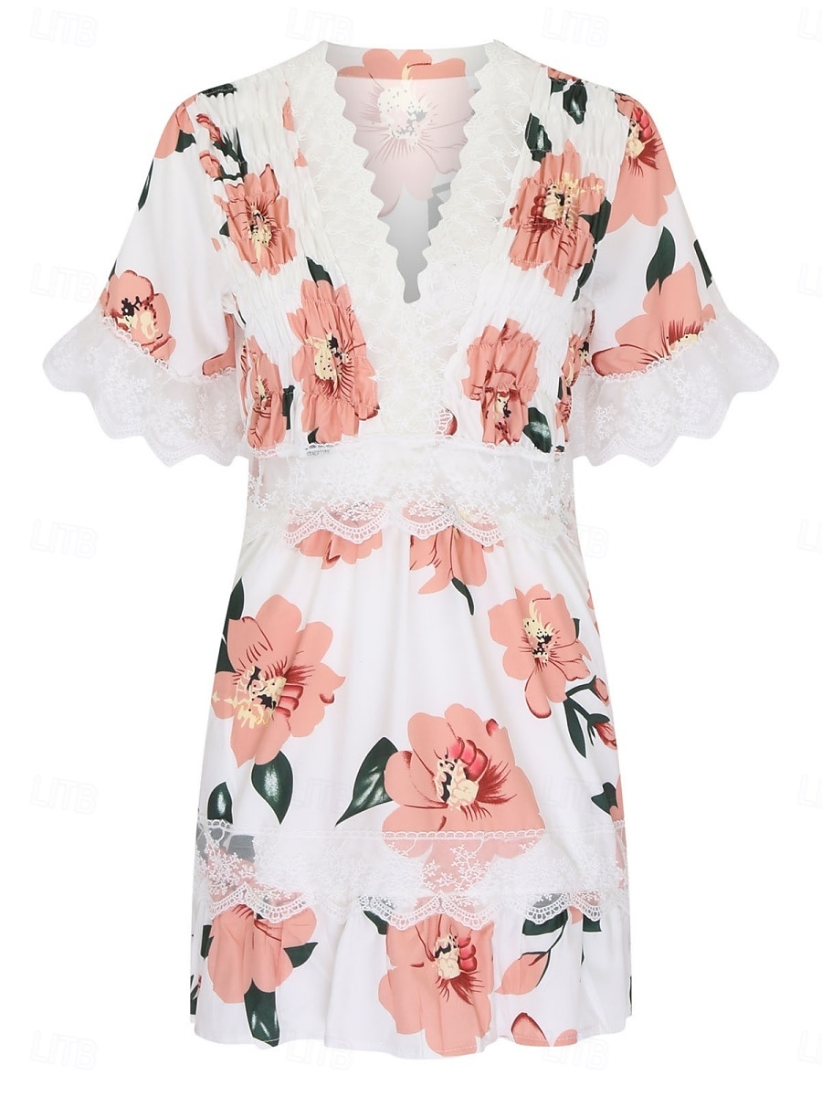 Damskie Sukienka mini Sukienka gorsetowa Sukienka A line Sukienka z falbanami Sukienka z bufiastymi rękawami Urlop Elegancki Codzienny Urlop Codzienny Regularny Kwiaty Krótki rękaw W serek Biały 2025 - $31.99 –P2