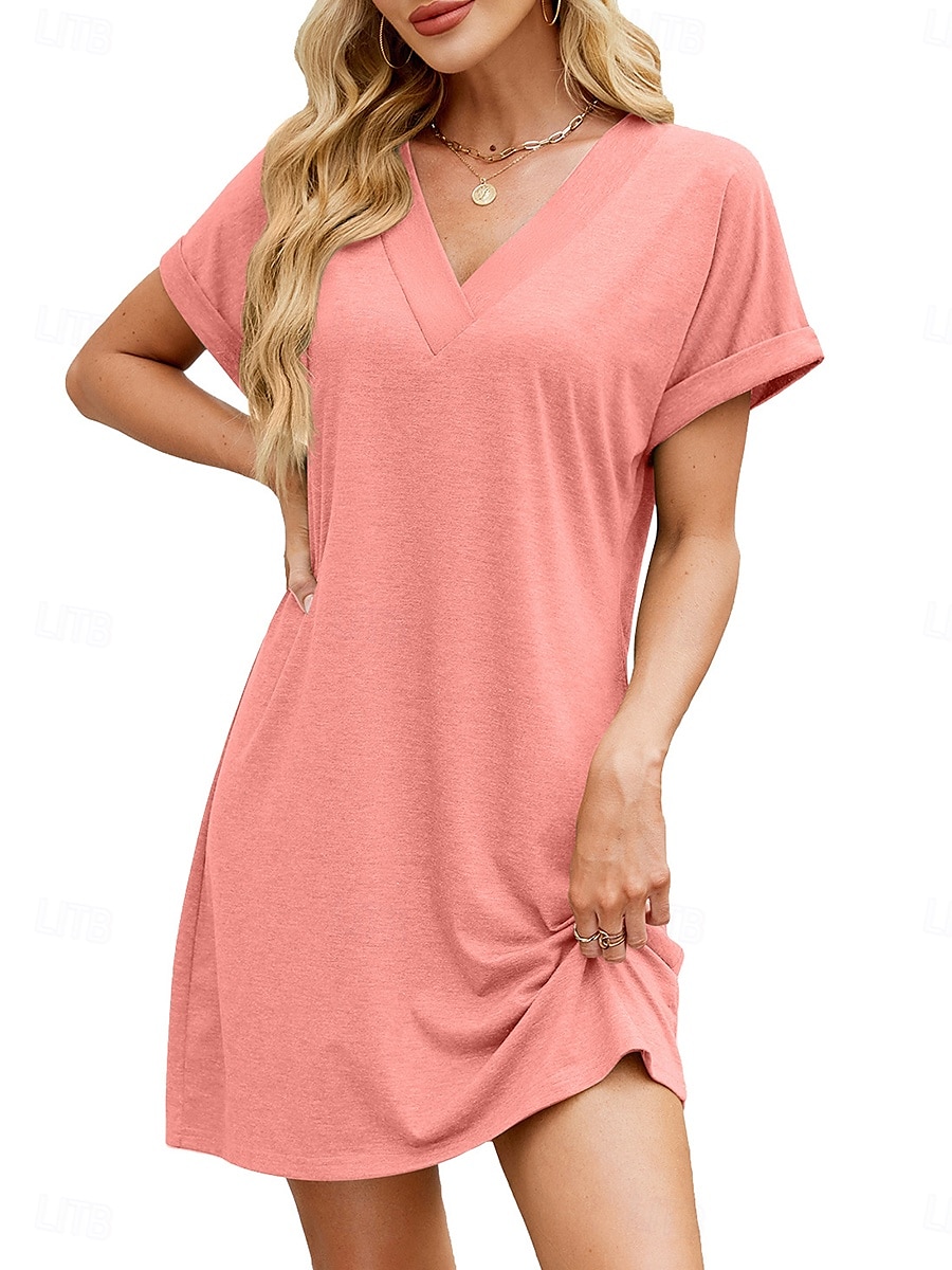 Kvinnors Mini Klänning T Shirt Klänning Tee Klänning A-linje Klänning Enfärgad Atletisk Klänning Avslappnad Semester Daglig Regular Passform Enkel Änklös V-hals Svart Rosa Blå Mörkgrön Sommar 2025 - $18.99 –P3