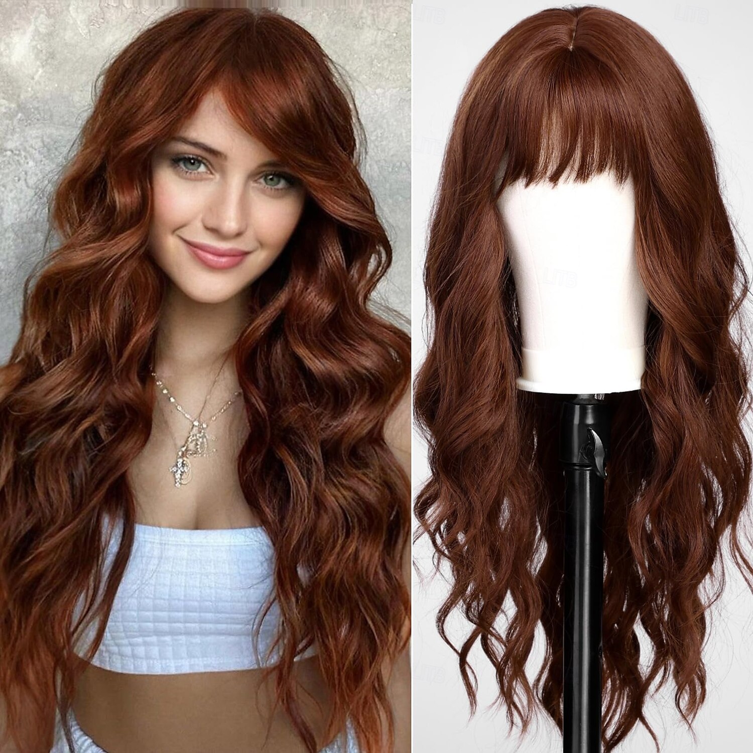 perucas com franja peruca longa ondulada para mulheres, peruca longa e cacheada de cabelo sintético para uso diário em festas de 2025 por $28.99 –P1