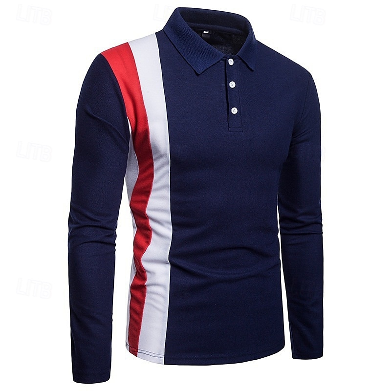 Herr Golftröja Golf pikétröjor Arbete Ledigt Kavajslag Långärmad Grundläggande Modern Färgblock Lappverk Knappar Vår Höst Normal Svart Vit Marinblå Golftröja 2025 - $12.99 –P2