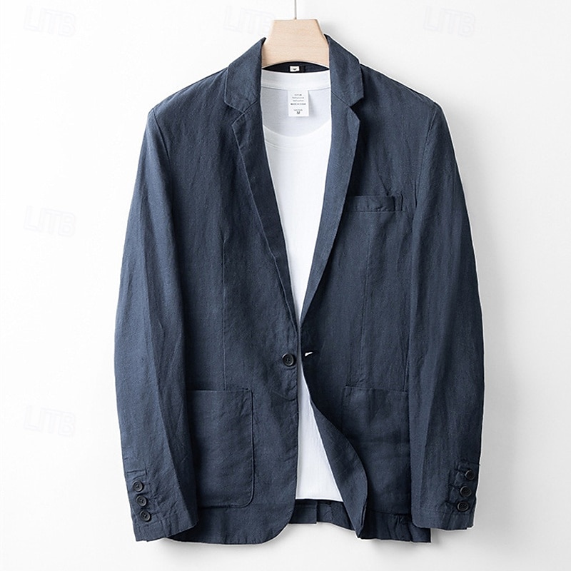 Men's 100% Linen Blazer Blazer Business Cocktail Party Wedding Party Fashion Casual Spring Autumn / Fall 100% Linen Plain Buttons Pocket Comfortable Single Breasted Blazer White Navy Blue khaki Gray 2025 - $102.99 –P2