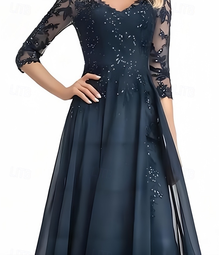 A-Line Mother of the Bride Dress Wedding Guest Elegant V Neck Floor Length Chiffon 3/4 Length Sleeve with Beading Appliques 2025 - $213.99 –P3
