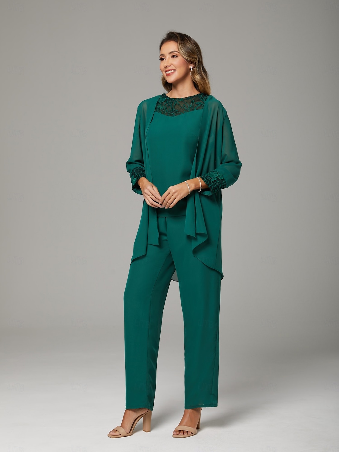 Jumpsuit / Pantsuit Mother of the Bride  Wrap Included Jewel Neck Floor Length Chiffon Lace 3/4 Length Sleeve with Beading 2025 - $176.99 –P4