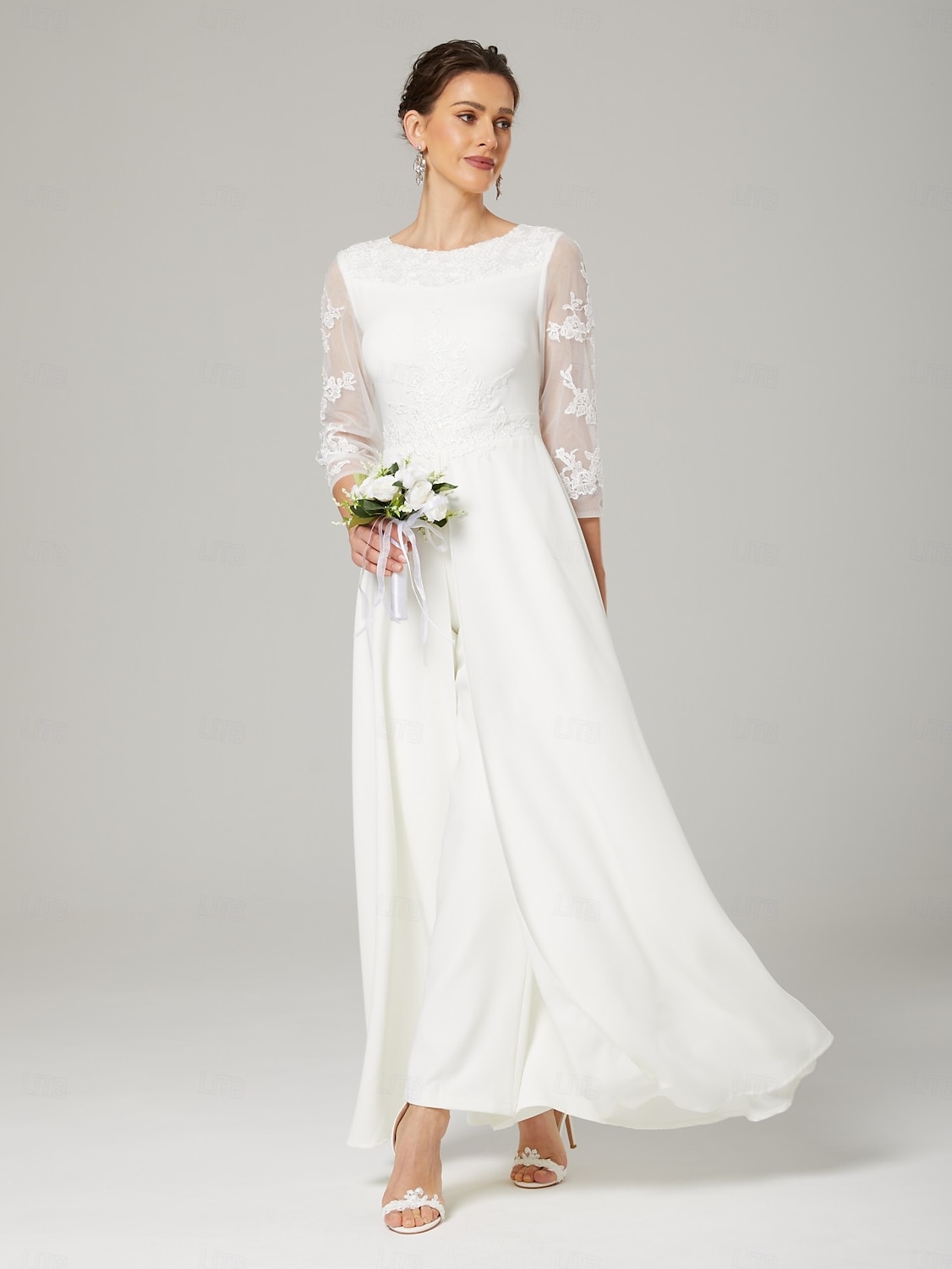 Jumpsuits Mother of the Bride Dress Elegant Jewel Neck Floor Length Chiffon 3/4 Length Sleeve with Appliques 2025 - $165.99 –P5