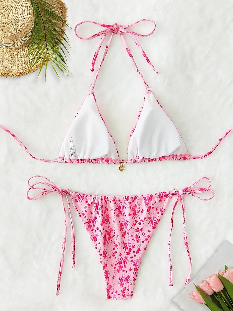 Dam Badkläder Bikini 2 st G-string Baddräkt Öppen rygg Smal Semester Standkläder Blommig V-hals Ärmlös Baddräkter 2025 - $22.99 –P3