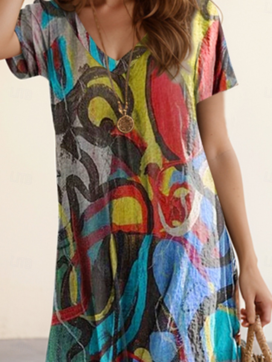 Dame Maxikjole Uformell kjole Kjole med A-linje Stilfull Fritid Feriereise Daglig Normal Geometrisk Kortermet V-hals Colourful Sommer Vår 2025 - $28.99 –P2