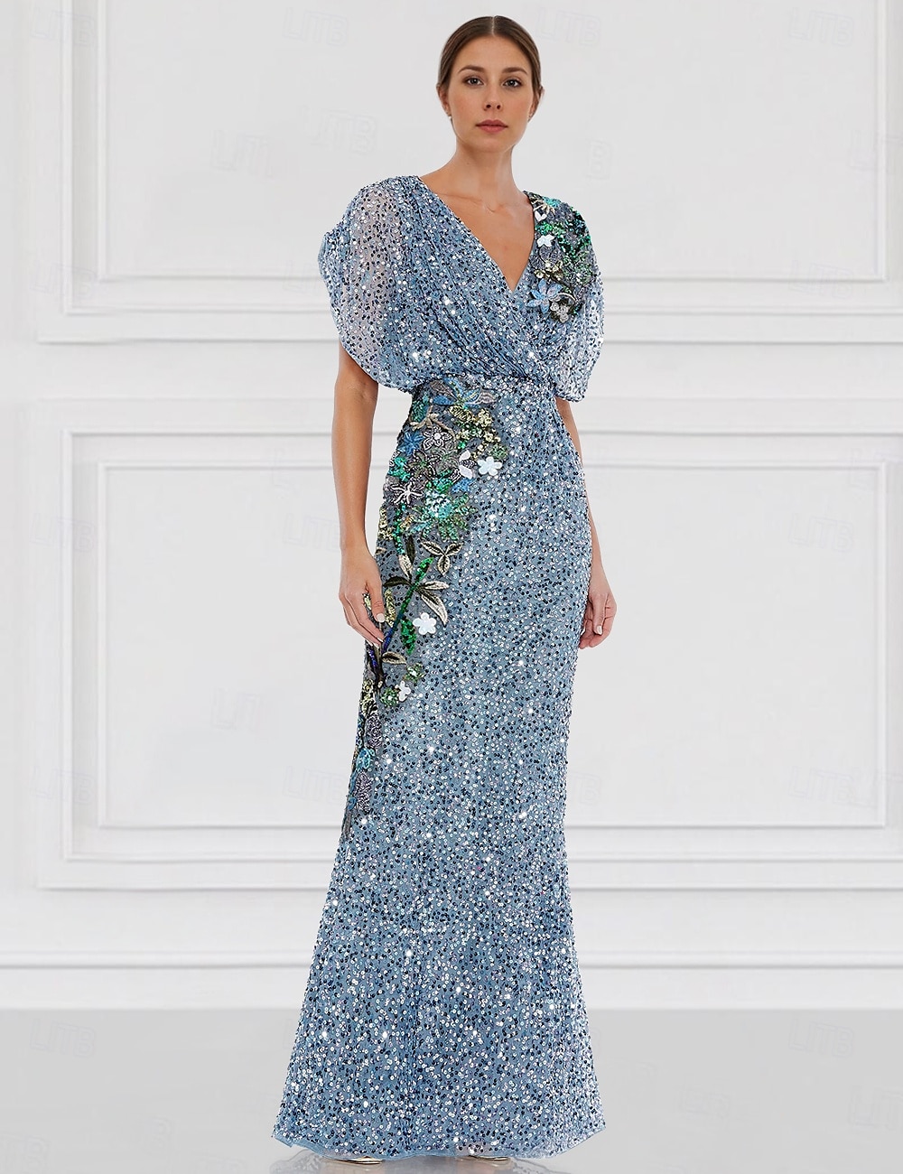 Grønn Kolonne Kveldsdrakt Brodert Elegant Kjole Formell Bryllup Gulvlengde Kortermet Juvel Hals Pailletter med Glitrende 2025 - $174.99 –P3