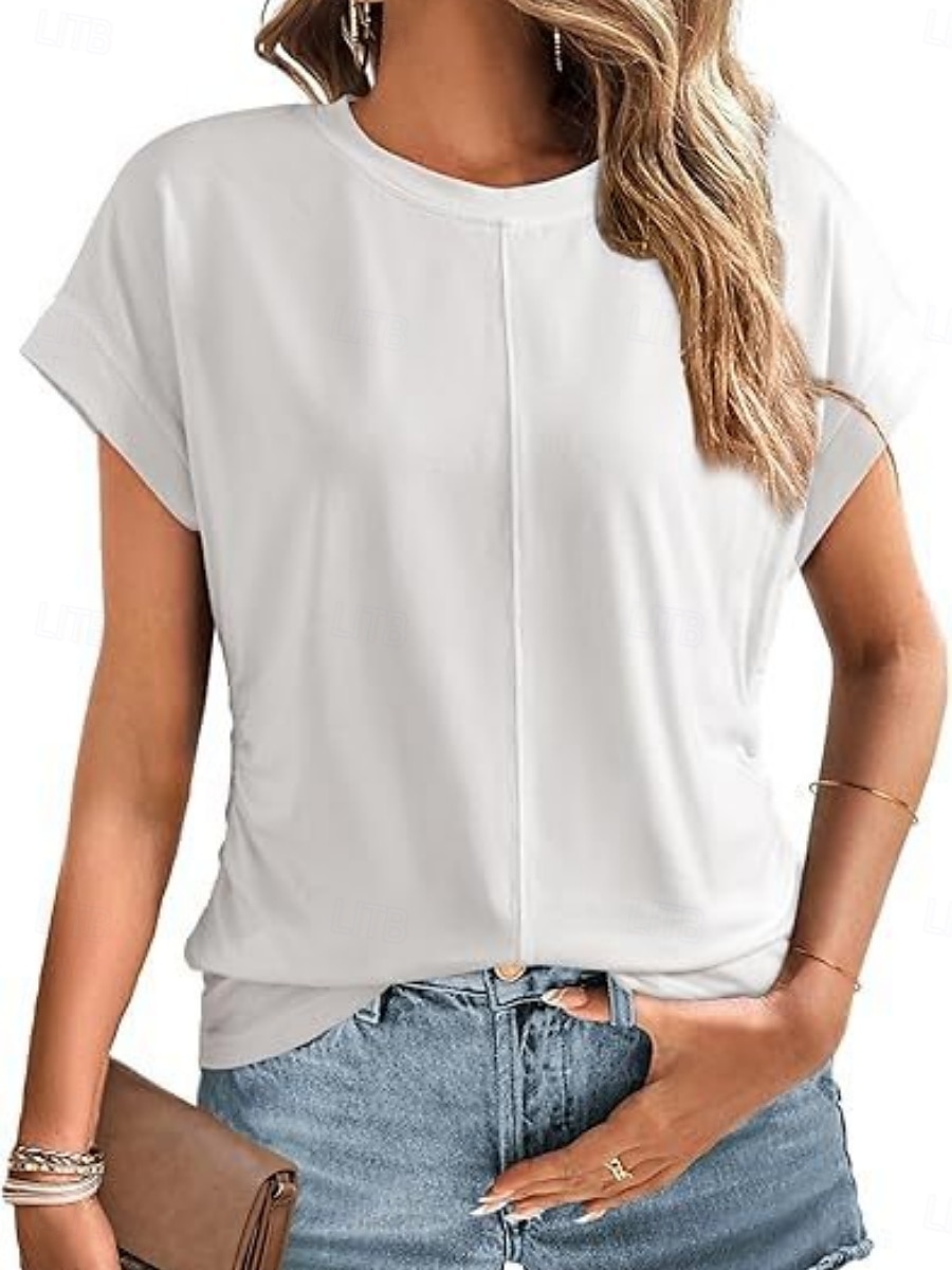 T Shirt Femme Uni Élégant Décontracté Manches Courtes Col Ronde Tops Réguliers Quotidien Noir Blanc Vert Armée Vert Gris Été de 2025 ? $19.99 –P2