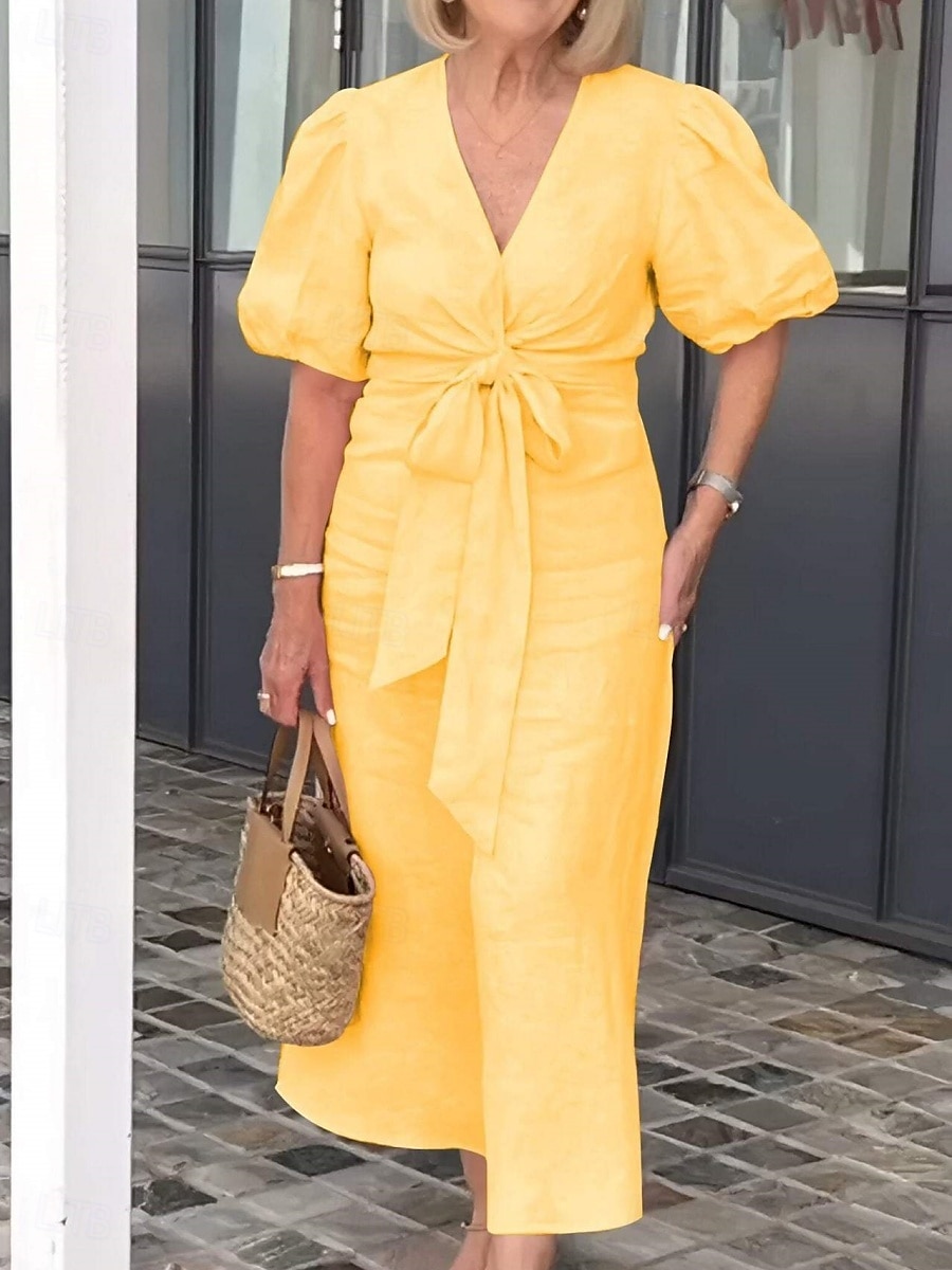 Women's Maxi Dress A Line Dress Solid Color Summer Dress Puff Sleeve Dress Basic Casual Puff Sleeve Vacation Daily Regular Fit Graphic Short Sleeve V Neck Black White Yellow Pink Summer 2025 - $26.99 –P7