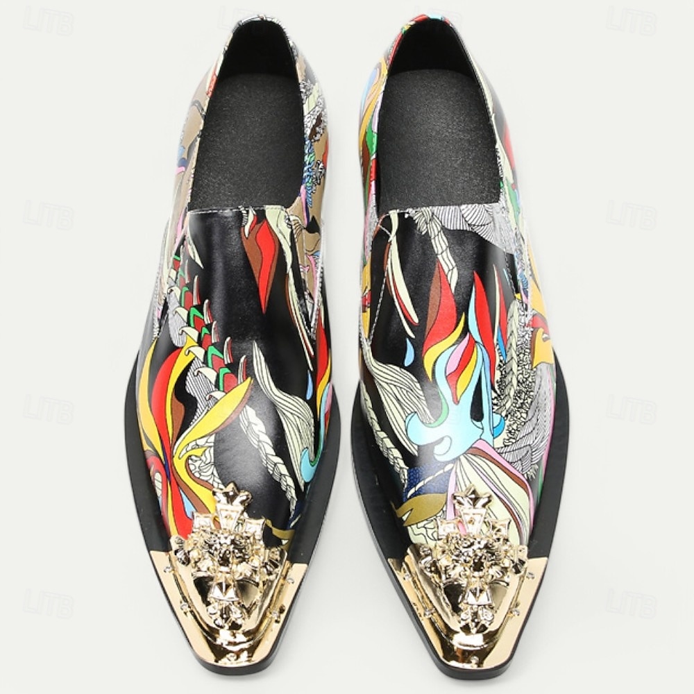 Herre Premium Kuskin Løpere med Gullspiss Livlig Kunstnerisk Print og Metallisk Gull Løvehode Detalj–Moderne Slip-On Sko Spesielle Anledninger og Uttrykksmotet 2025 - $129.99 –P1