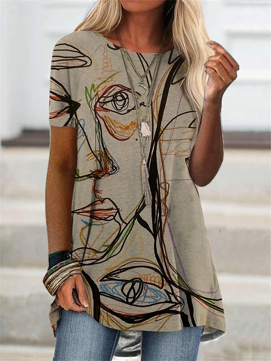 Femme T shirt Graphic Mode Moderne Décontractées Manche Courte Col Ras du Cou Hauts réguliers du quotidien Fin de semaine Imprimer Bleu Violet Vert Kaki Eté Printemps de 2025 ? $21.99 –P6
