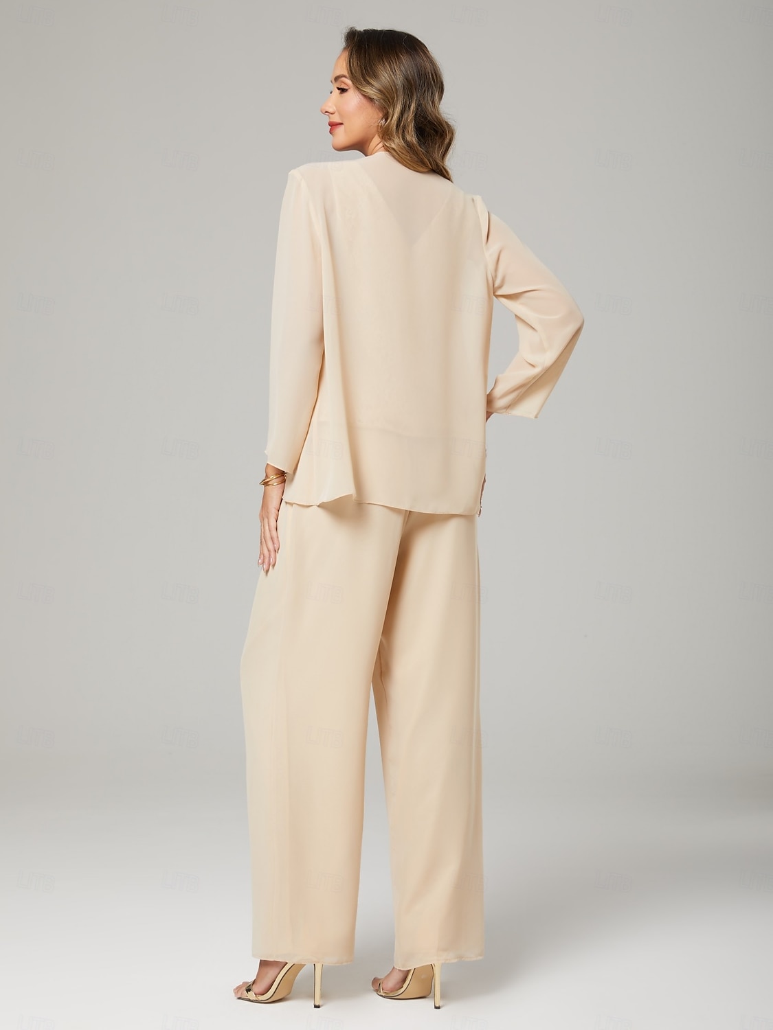 Combinaison  pantalon 3 pièces robe de la mère de la mariée invité de mariage formel élégante encolure en V longue jusqu'au sol robe en chiffon avec dentelle manches longues blazer avec appliqués de 2025 ? $136.99 –P2