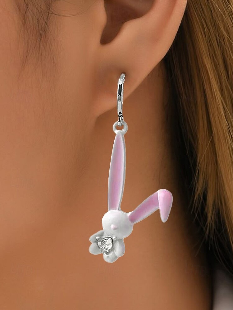 brincos de coelho 3d de páscoa femininos - design fofo de coelho com orelhas rosa e detalhes em diamante, argola de prata esterlina, joias divertidas e lúdicas para páscoa, uso casual e eventos de primavera de 2025 por $7.99 –P2