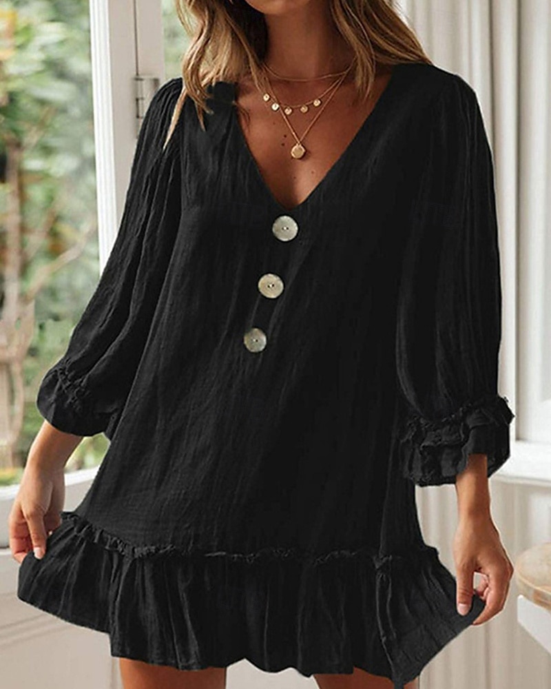 Damen Minikleid Leinen-inspirierte Kleider Freizeitkleid Baumwoll-Leinenkleid Stilvoll Lässig Urlaub Täglich Date Normale Passform Einfach Langarm V Ausschnitt Schwarz Beige Leicht Blau Sommer 2025 - $26.99 –P8