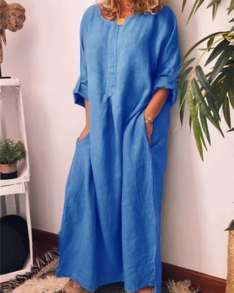 Femmes Robe Longue Maxi Robe Robes inspirées du lin Robe Décontractée Robe en coton et lin Élégant Occasionnel Vacances Quotidien Date Coupe régulière Uni manche longue Col ras du cou Blanche Jaune de 2025 ? $26.99 –P2