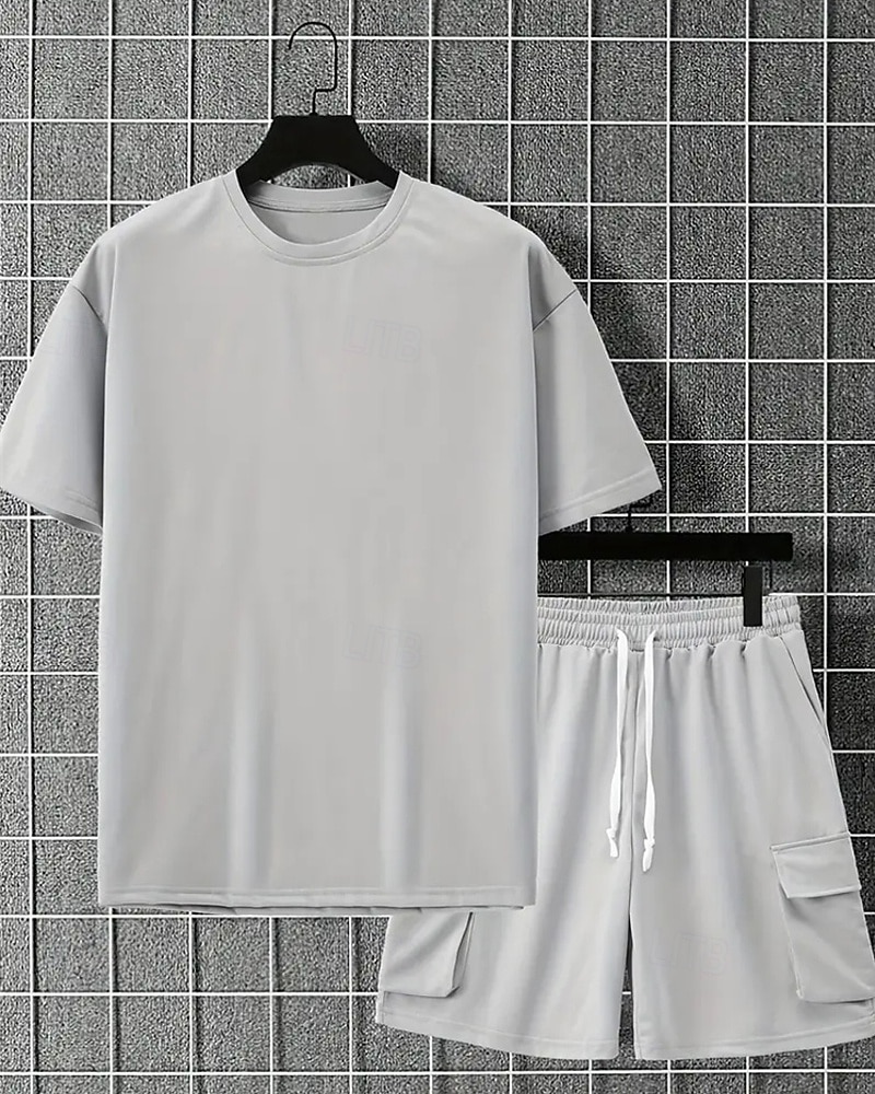 Men's Workout Set Tracksuit T shirt & Shorts Set Outfit Set Crew Neck Outdoor Daily Sports Pocket Drawstring 2 Piece Plain Black Red Green Polyester Activewear Classic Casual Summer 2026 - $36.99 –P2