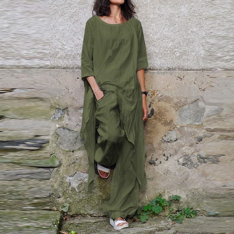 Damen Streetwear Betrübt Hemd Baumwoll-Leinen-Sets Zweiteilige Sets Leinenhosen Hosen Hose Halbarm Rundhalsausschnitt Einfarbig Kordelzug Alltagskleidung Date Armeegrün Marineblau Khaki Sommer 2025 - $29.99 –P8