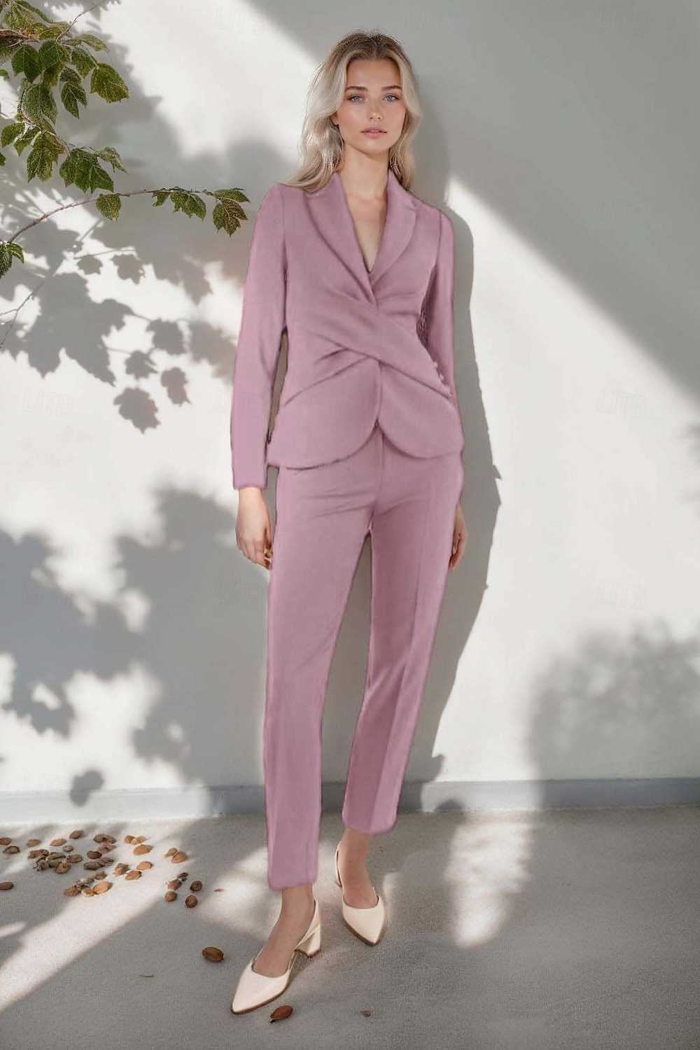 Pantsuit 2 Pieces Mother of the Bride Suit Elegant Simple Minimalist V Neck Wrapped Details Ankle Length Trousers Stretch Crepe Solid Color with Covered Buttons 2025 - $169.99 –P7