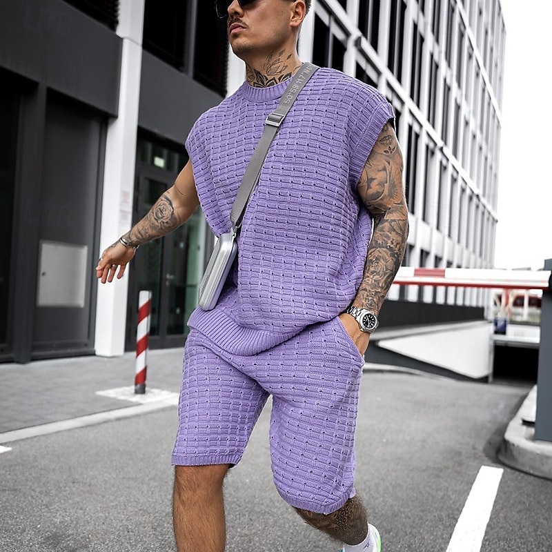 Homens Conjunto de shorts e camiseta Conjunto de T Sem Manga Crewneck Côr Sólida Roupa de Malha Tricotado Férias Roxo Bege Top Tee para Homens de 2025 por $40.99 –P1