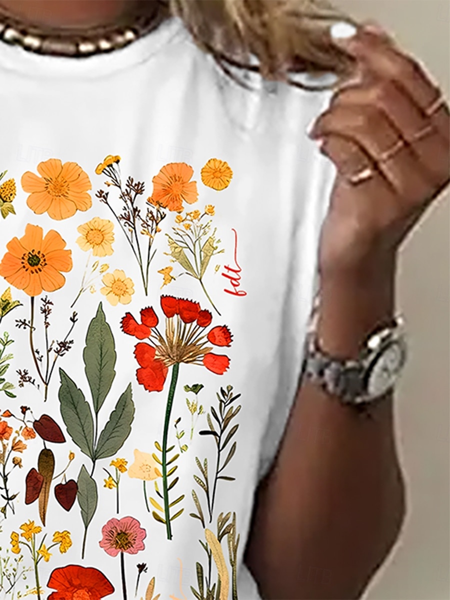Women's T Shirt Print Floral Basic Short Sleeve Round Neck Regular Tops Daily Weekend Black White Gray Summer 2026 - $21.99 –P2