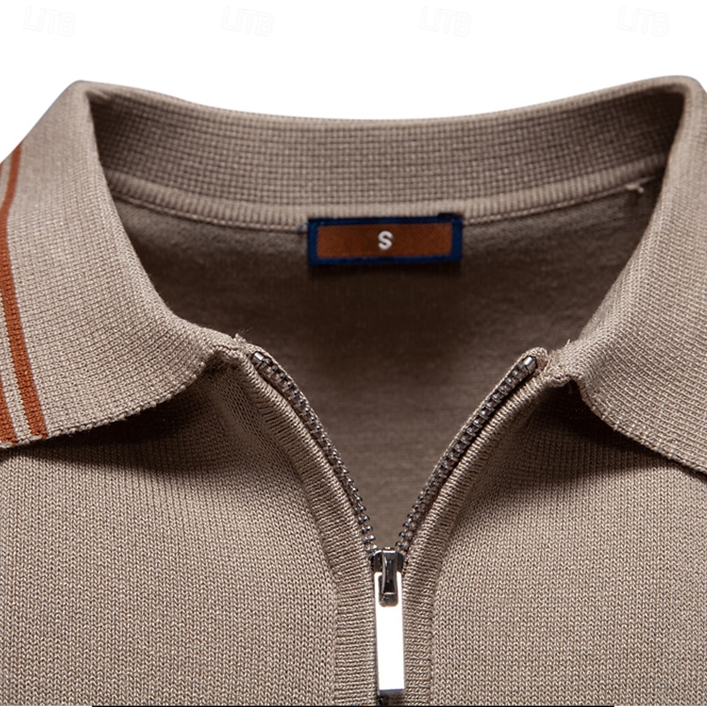 Men's Polo Knit Polo Sweater Formal Work Turndown Quarter Zip Short Sleeve Striped Zip Up Stripe-Trim Spring Black White Khaki Polo 2025 - $28.99 –P12