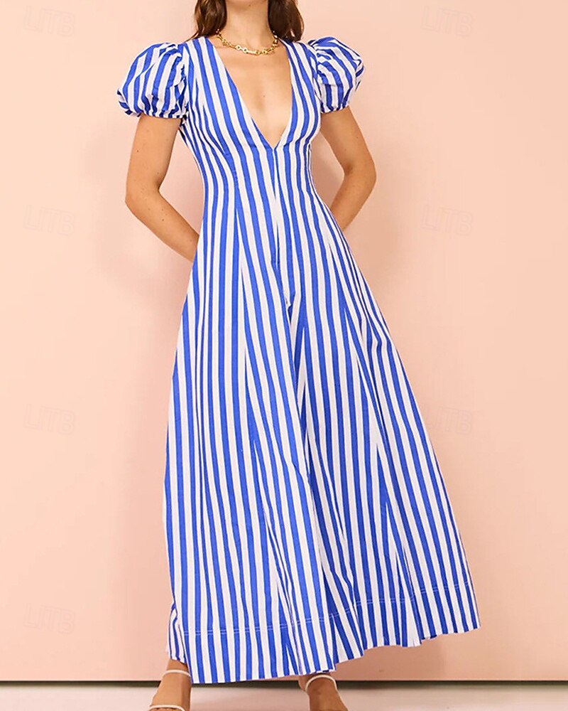 Naisten Pitkä mekko Maxi mekko Rento mekko Kesämekko Muoti Lyhtyhiha ulko- Pyhäpäivä Deitti Normaali Raidoitettu Lyhythihainen Syvä V Sininen Kesä Kevät 2025 - $29.99 –P2