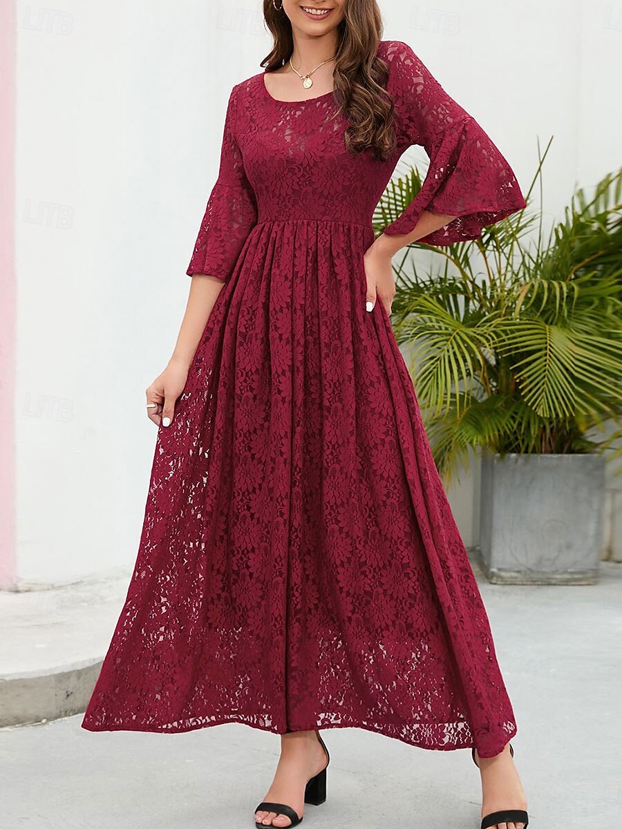 Damskie Sukienka midi Koronkowa sukienka Sukienka maxi Sukienka A line Elegancja Elegancki Codzienny Rozkloszowany rękaw Urlop Impreza Codzienny Regularny Równina Krótki rękaw Półgolf Czarny Wino 2025 - $46.99 –P3