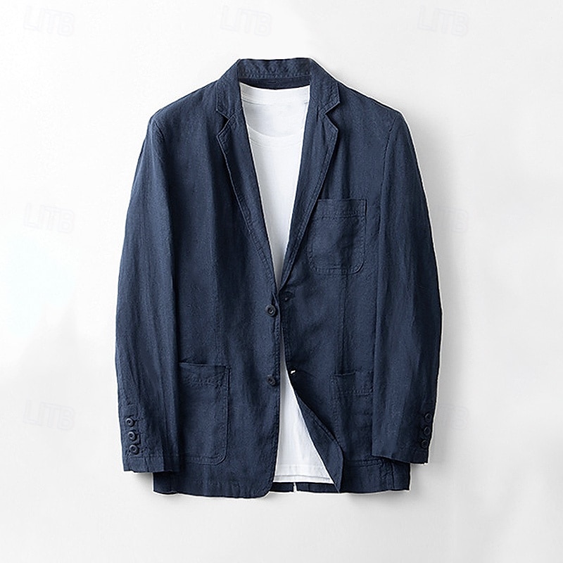 Herren Blazer aus 100 % Leinen Blazerjacke Schule Formell Hochzeit Elegant Urlaub Sommer Frühling 100% Leinen Leinen Einfarbig Einreihig Zwei-Knopf Blazer Dunkelgrau Marineblau Beige Hellblau 2025 - $66.99 –P3