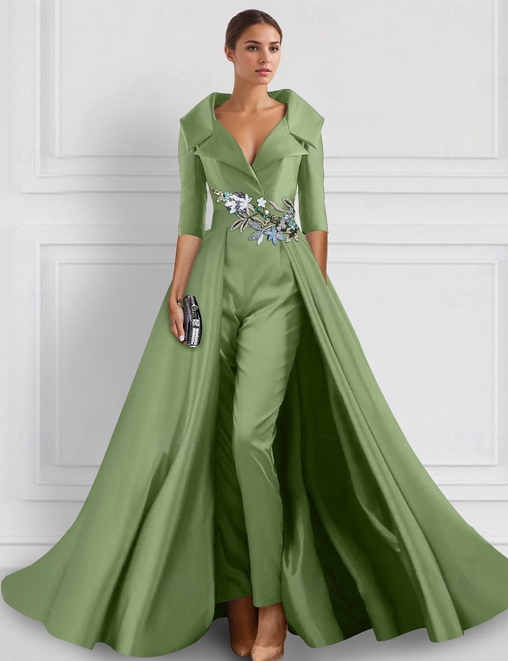 Green Blue A-Line Evening Gown Elegant Overskirt Jumpsuit Dress Formal Wedding Floral Floor Length Half Sleeve Shirt Collar Satin with Slit Embroidery Appliques 2025 2025 - $144.99 –P1