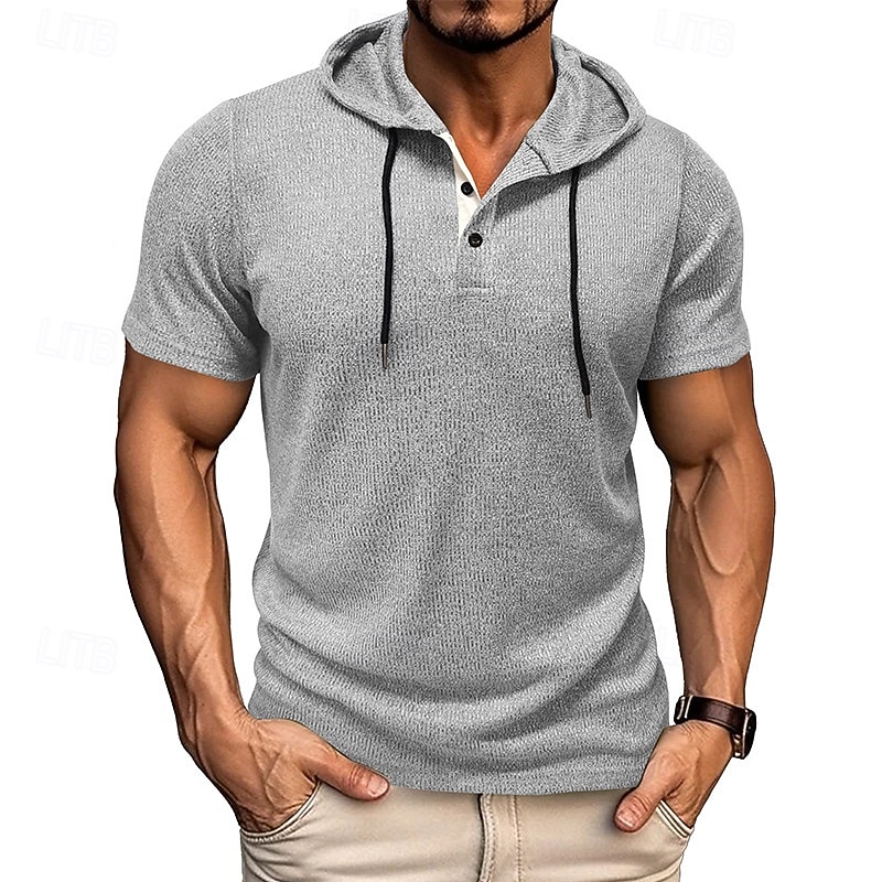 Herren T Shirt T-Shirt Kurzarmshirt Kurzarm Mit Kapuze Sommer Einfach Mode Designer Basic Knöpfe Urlaub Straße Ausgehen Wein Top T-Shirt für Herren 2026 - $30.99 –P16