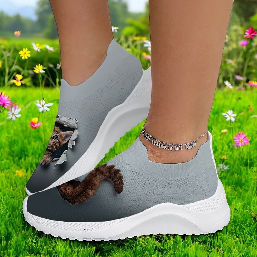 Baskets Flyknit à enfiler avec motif imprimé chat, tige respirante et semelle confortable pour un port décontracté et amusant de 2025 ? $29.99 –P3