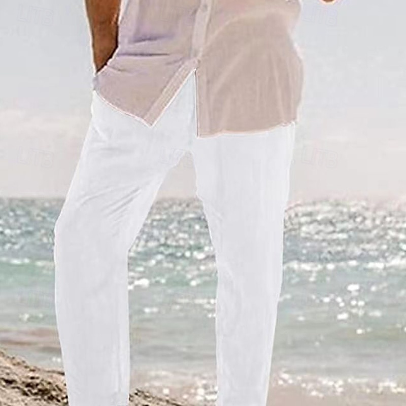 Men's Linen Pants Trousers Summer Pants Beach Pants Pocket Drawstring Elastic Waist Plain Comfort Breathable Vacation Daily Holiday Hawaiian Boho ArmyGreen Black 2025 - $20.99 –P8