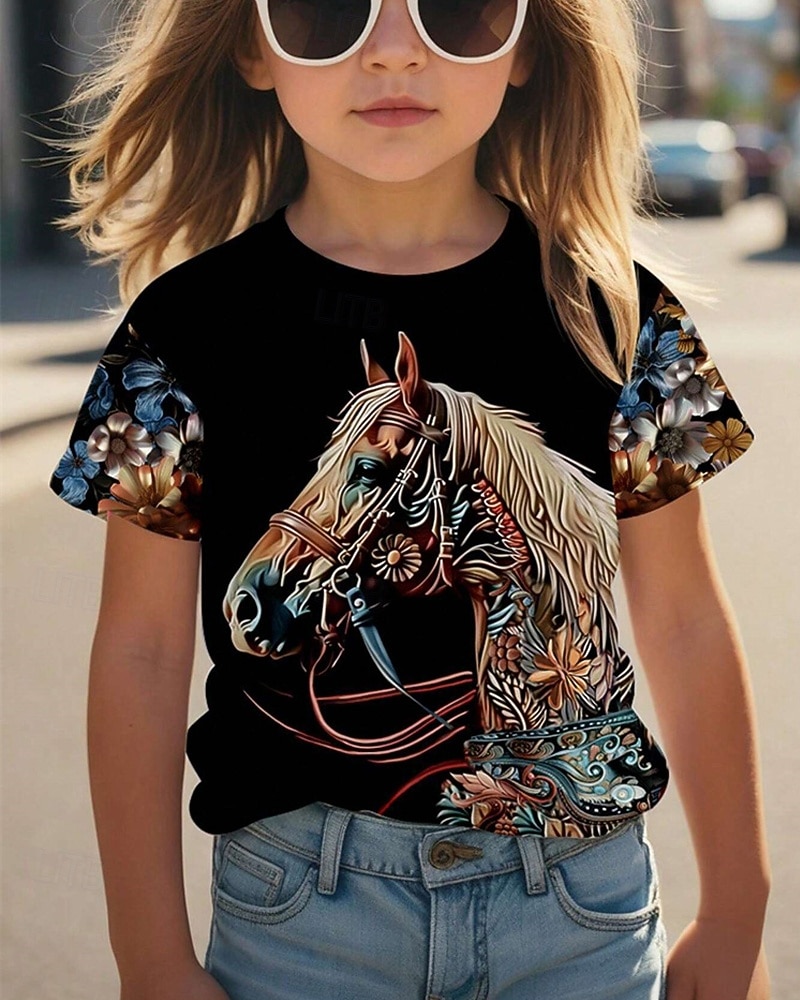 Mädchen 3D Grafik Pferd T-Shirt Kurzarm Sommer Frühling Mode Basic Kinder 4-12 Jahre Rundhalsausschnitt Lässig Täglich Outdoor Normale Passform 2026 - $11.99 –P1