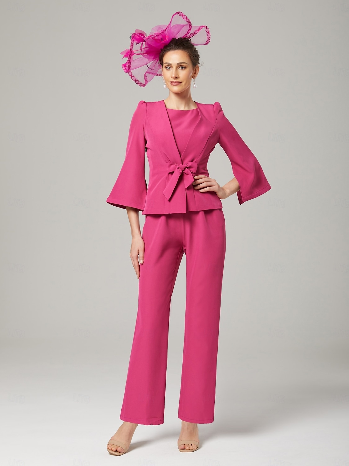 Zweiteilige Jumpsuits Mutter der Braut Elegant Wickel enthalten Juwelen-Hals Knöchellänge Stretch-Chiffon 3/4 Länge Ärmeln mit Bandage 2025 2025 - $161.99 –P1