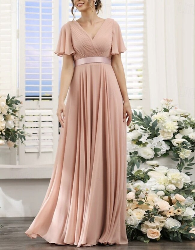 Linha A Vestido de Madrinha Decote V Manga Curta Elegante Longo Chiffon com Franzido 2022 de 2025 por $167.99 –P4