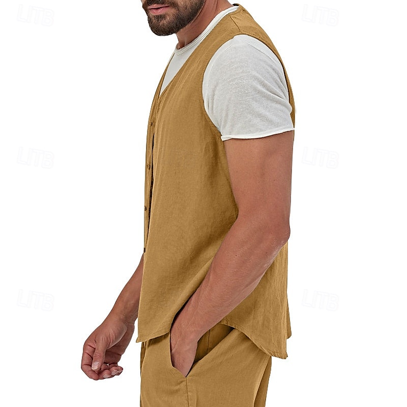 בגדי ריקוד גברים וסט Gilet אפוד פשתן חופשה יומי פגישה (דייט) אופנתי יום יומי קיץ אביב כפתורים כיס פשתן נוח אחיד חזה יחיד כפתור יחיד צווארון V רגיל שחור צהוב ירוק בהיר כחול נייבי אֵפוֹד 2025 - $23.99 –P19