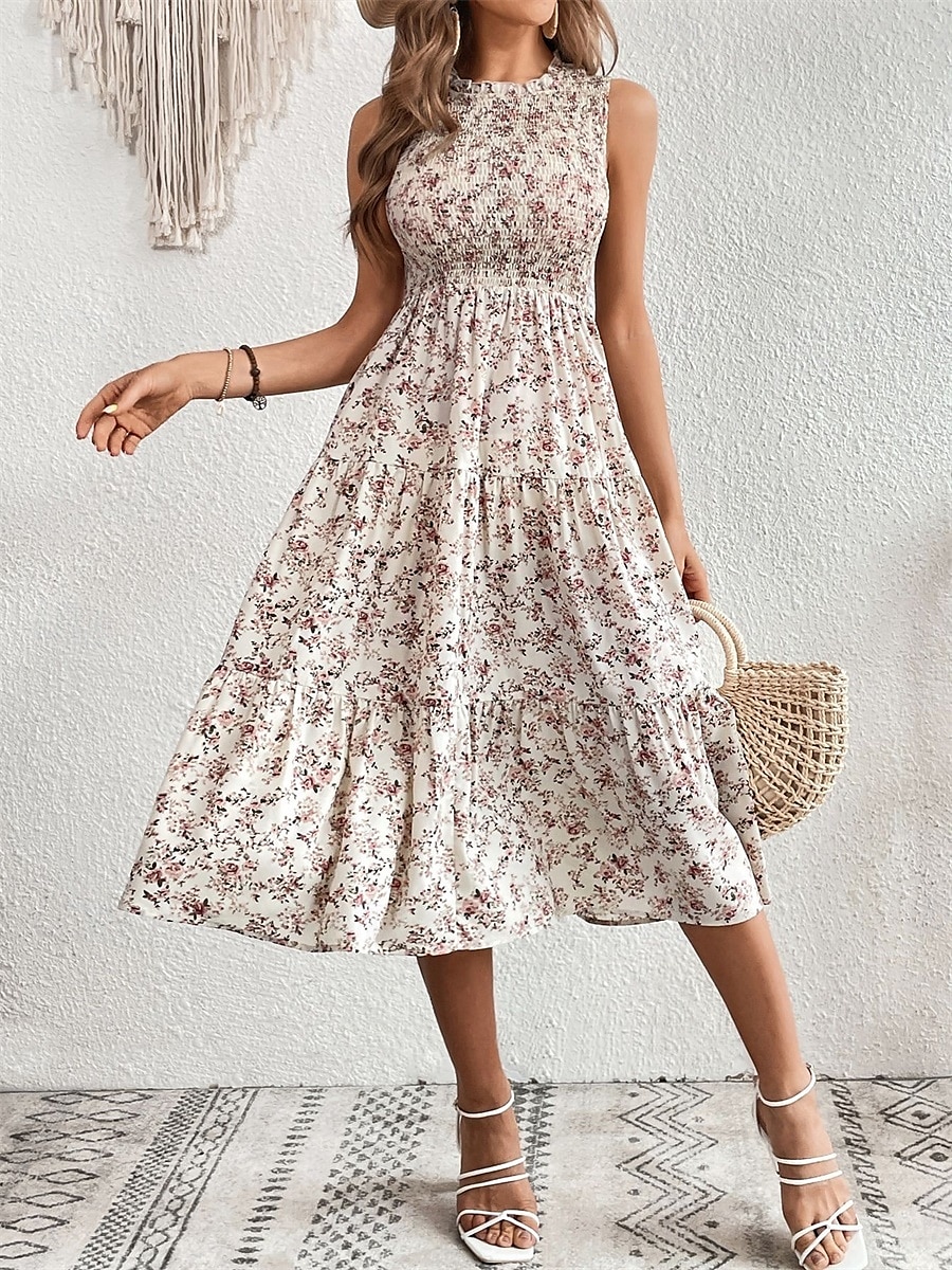 Damskie Sukienka midi Codzienne sukienki Sukienka A line Elegancki Codzienny Urlop Codzienny Regularny Kwiaty Bez rękawów Półgolf Czarny Biały Wino Lato Wiosna 2025 - $38.99 –P3