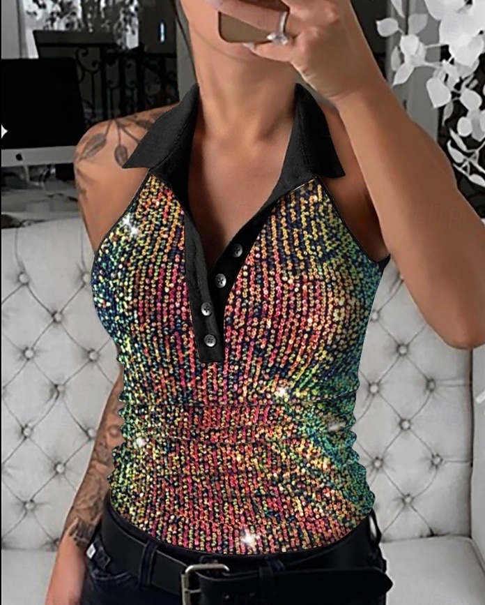 Damen-Camisole-Top Leopard Regenbogen Leopard Knöpfe Pailletten Alltag Elegant V-Ausschnitt Regulär Schnitt S 2025 - $18.49 –P2