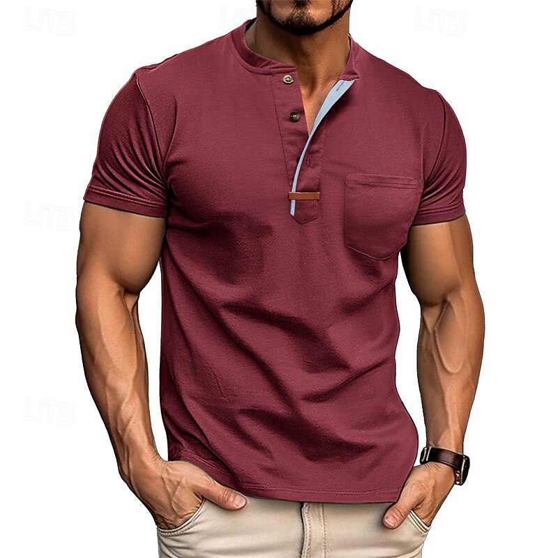 Hombre Camiseta con botones Camiseta Henley Shirt Tee Manga Corta Henley Verano Plano Moda Design Básico Bolsillo Vacaciones Calle Noche Negro Blanco Vino Camiseta superior para hombre 2025 - $21.99 –P10