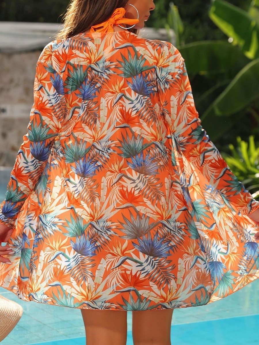 Dam Badkläder Bikini Tre delar Kalsonger Baddräkt Öppen rygg Smal Hög midja Semester Standkläder Blommig Halterneck Långärmad Baddräkter 2025 - $33.99 –P17
