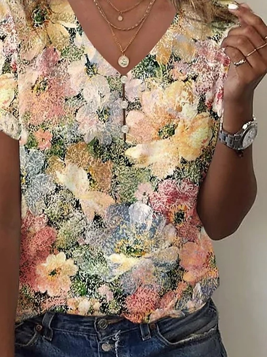 Blouse pour femmes graphique floral décontractée manches courtes col en V hauts réguliers quotidien impression jaune été de 2025 ? $27.99 –P2