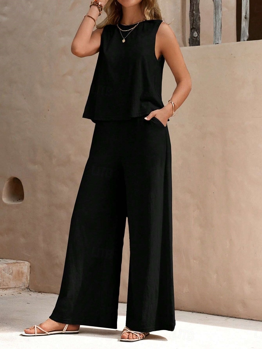 Women's Shirt Linen-feel Set Two Piece Sets Wide Leg Pants Sleeveless Crew Neck Plain Fashion Streetwear Daily Casual Daily Black Yellow Army Green Summer Regular Fit 2026 - $10.49 –P6