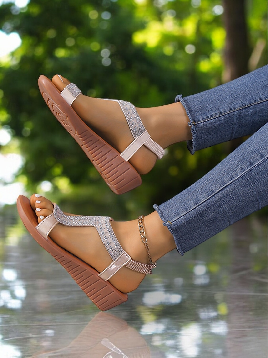 sandali con cinturino a T scintillanti per donna: sandali con zeppa comodi ed eleganti con accenti di strass, ideali per uscite informali, feste estive e occasioni speciali del 2026 a $26.99 –P8