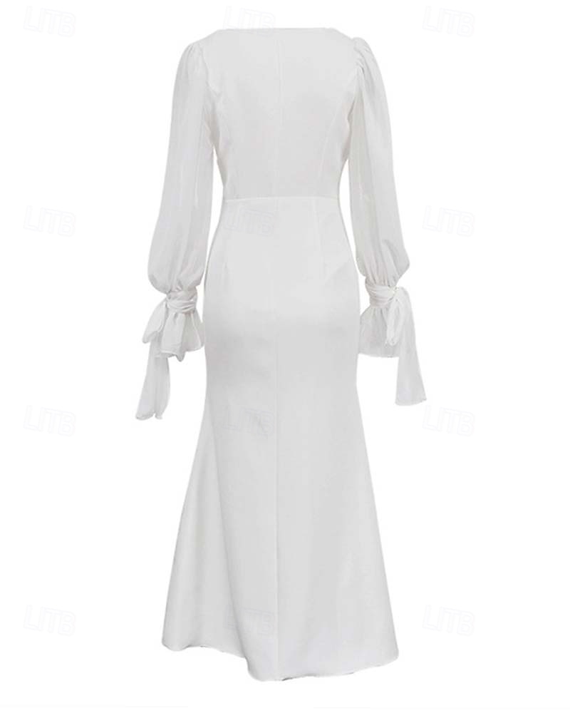 Empfang Kleine Weiße Kleider Hochzeitskleider Etui-/Säulen Quadrat-Ausschnitt Lange Ärmel Bodenlänge Chiffon Brautkleider mit Schleife(n) Einfarbig 2025 - $104.99 –P5